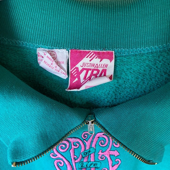 VTG 80s 90s Justin Allen Xtra Teal South Western Style Zip Collar Sweater - Picture 3 of 5
